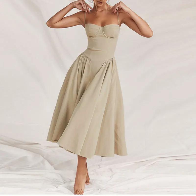 Robe mi-longue plissée dos nu pour femme, élégante, sexy, solide, fronde, soirée, robes trapèze, été