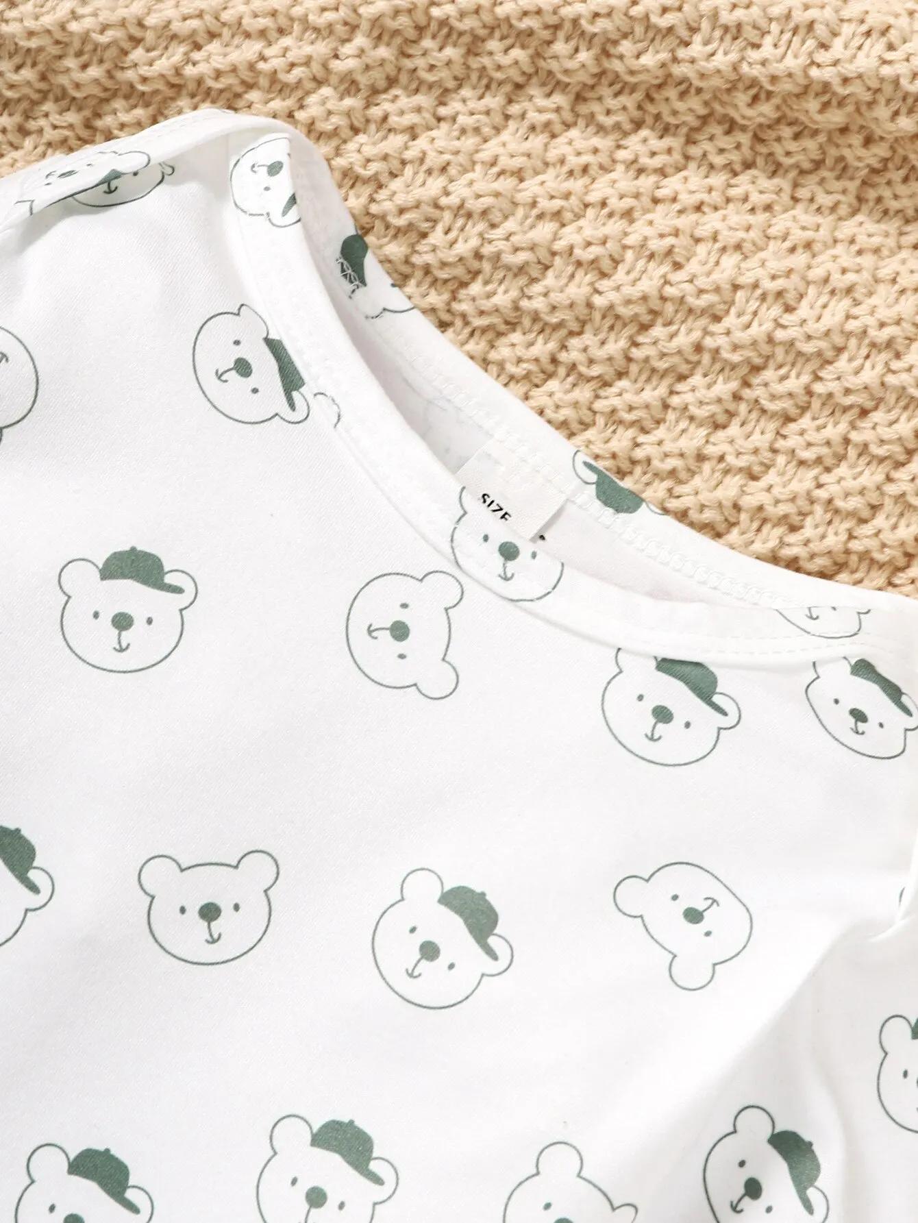Ensemble vêtements bébé petit ours college - Haut manches longues pantalon bretelles vert blanc 3-24 mois