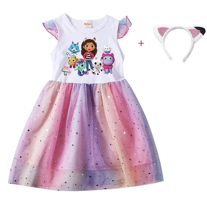 Robes de princesse + bandeau pour petites filles, 2 pièces, chats Gabby de dessin animé, vêtements p