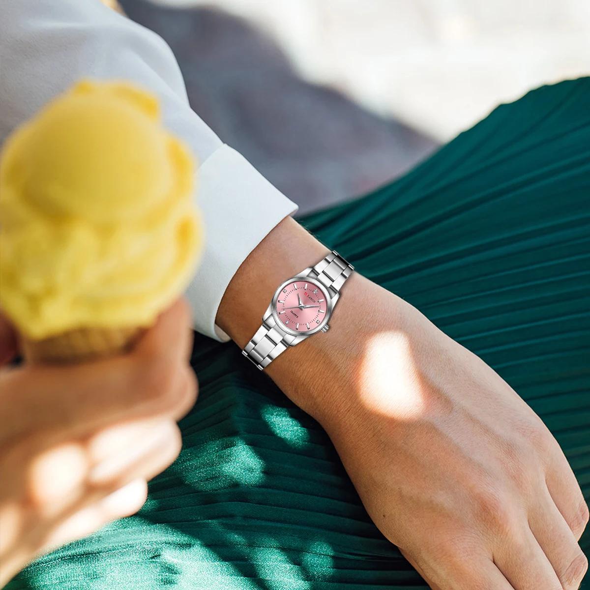 Montre pour femme de luxe 29mm à la mode en acier inoxydable strass rose minimaliste fille horloge e