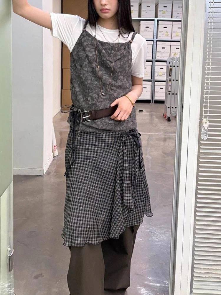 Deeptown Vintage Plaid maille jupes femmes japonais asymétrique mi jupe Y2k Harajuku à lacets jupes