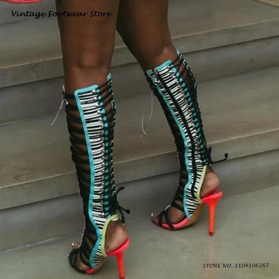 Sandales de gladiateur croisées en Patchwork, bout rond ouvert, talons fins, chaussures tendance pou