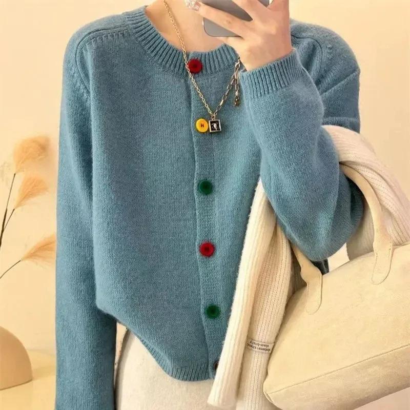 Manteau en tricot à boutons colorés, col rond, doux et frais japonais, Style académique, pull polyva