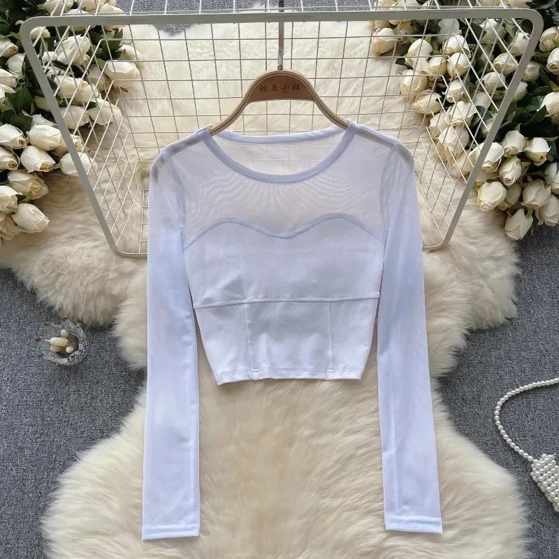 Femmes Chic maille transparente Patchwork à manches longues haut court mince Sexy coréen T-shirt mod