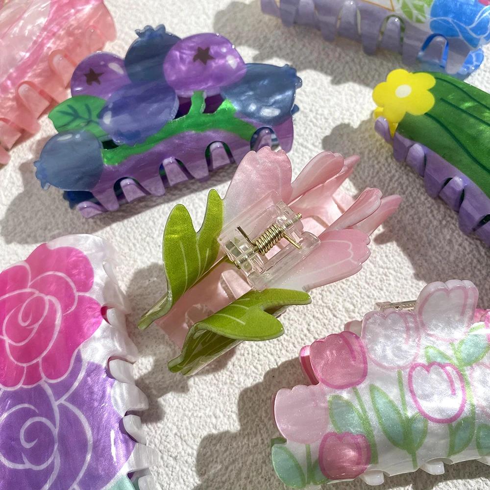 Pince à cheveux en acrylique Double face pour femmes, imprimé de fleurs, surdimensionnée, géométriqu