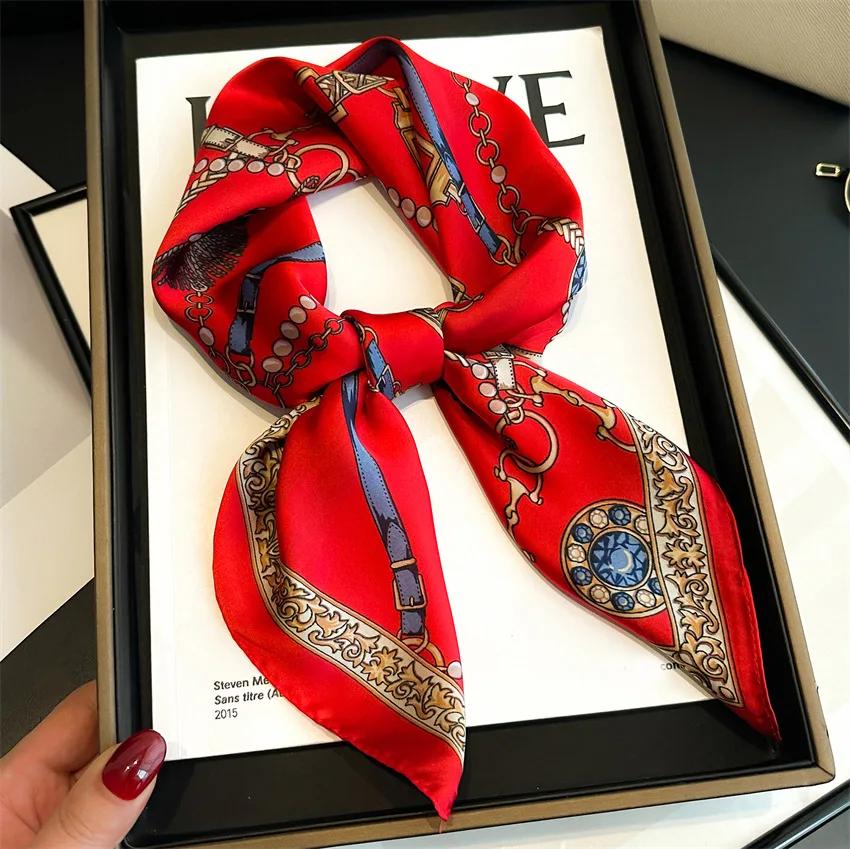 Foulard en Satin doux pour femmes, foulard carré imprimé à la mode, accessoires professionnels de 70