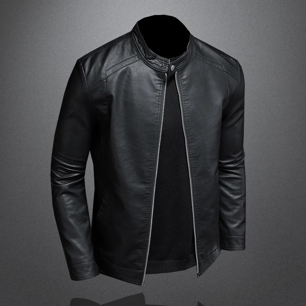 Printemps automne veste en cuir hommes col montant mince veste en cuir Pu mode Moto manteau décontra