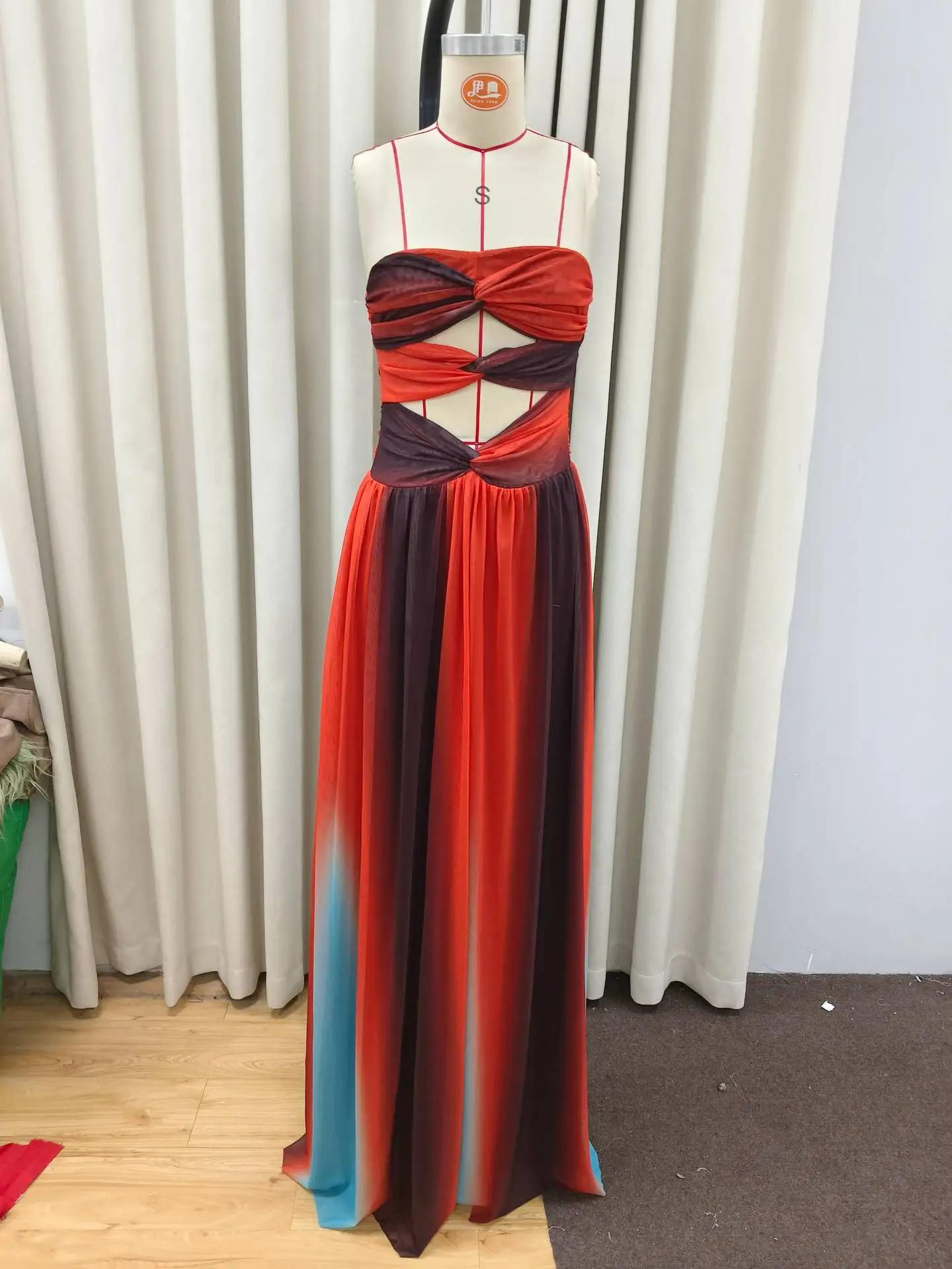 Robe longue ajourée pour femmes, dégradé de teinture par nouage, élégante, épaules dénudées, ourlet