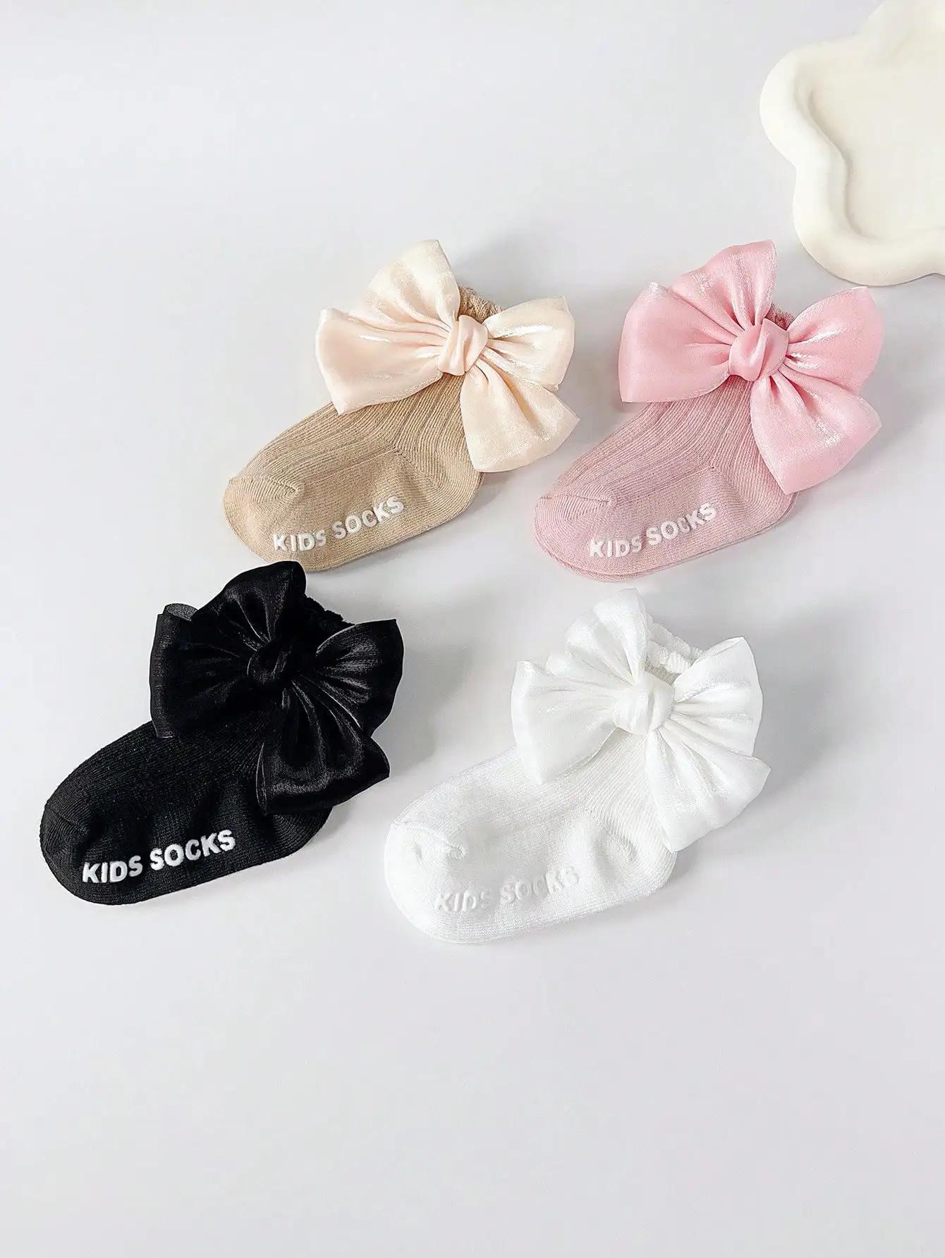 4 paires de chaussettes de sol antidérapantes avec nœud pour bébé, chaussettes d'apprentissage douce