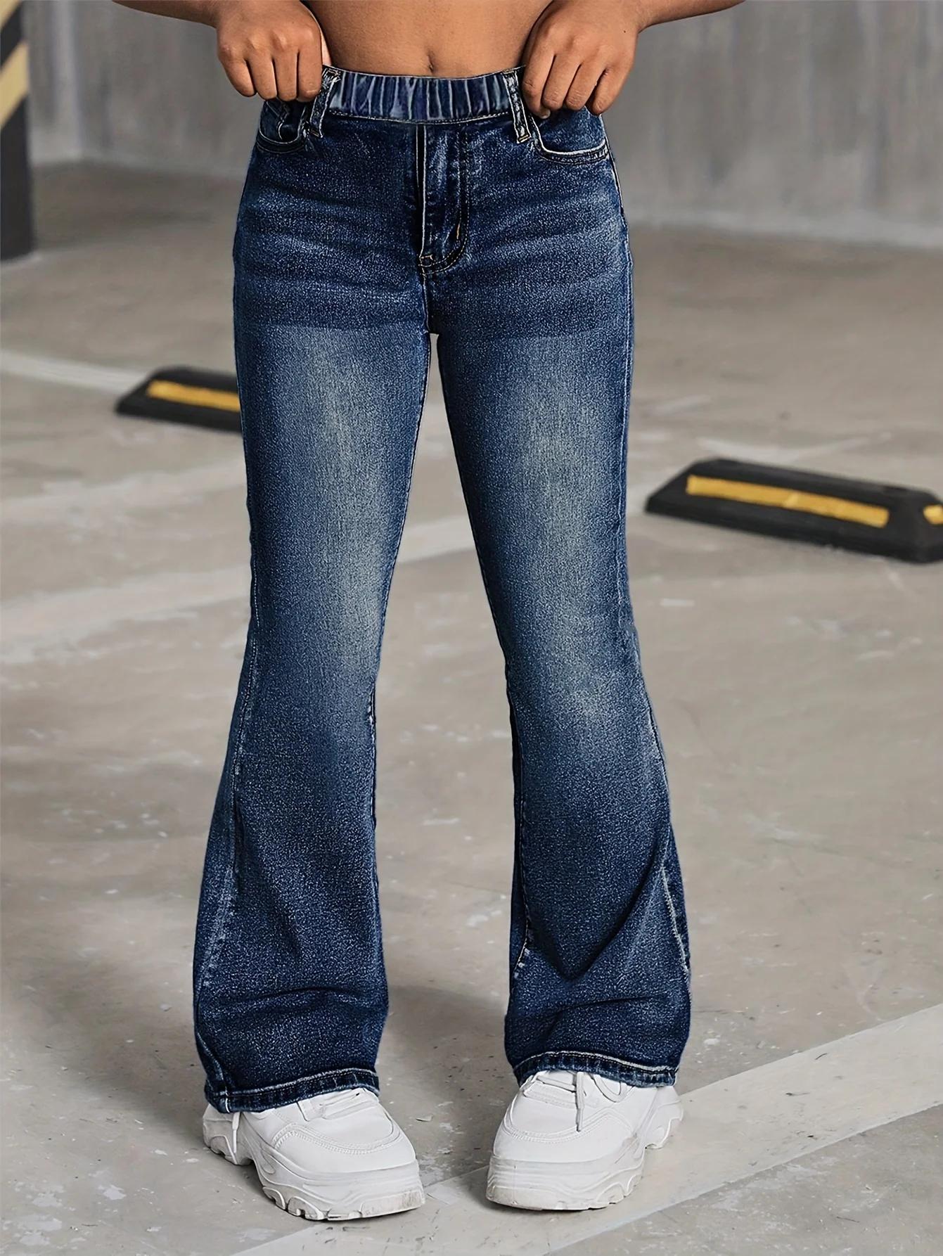 Jean à jambes larges de style scolaire pour filles, taille élastique et tissu confortable, adapté à
