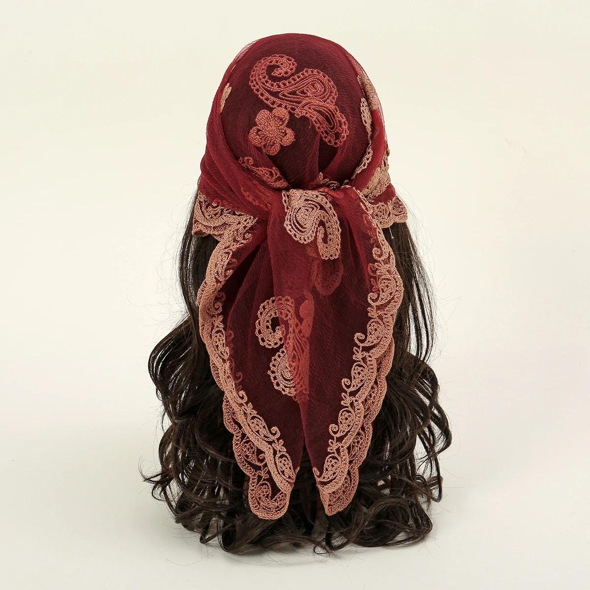 Foulard carré Bandana brodé en dentelle Paisley pour femmes, élégant, respirant, en soie, protection