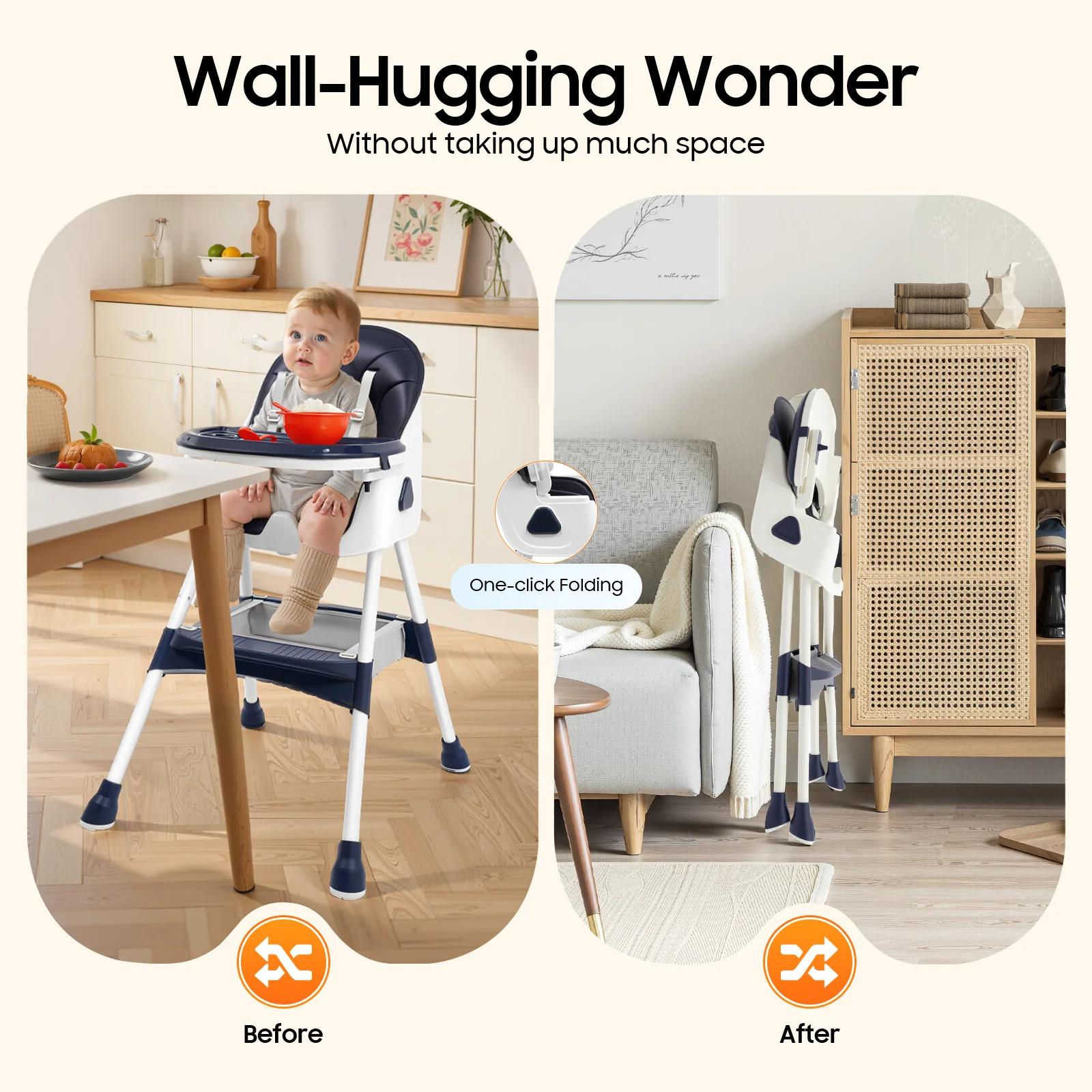 Chaise haute pour bébé, harnais de sécurité à 5 points, capacité de charge de 176 lb, plateau double