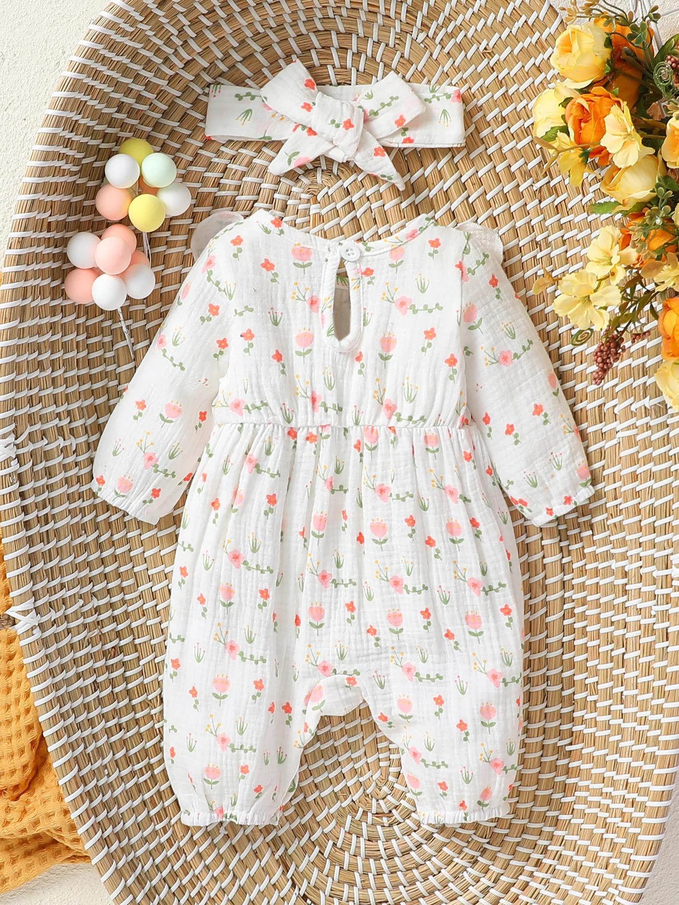 Combinaison bébé fille manches longues floral - Vêtement nouveau-né 6M avec nœud - Toutes saisons confortable