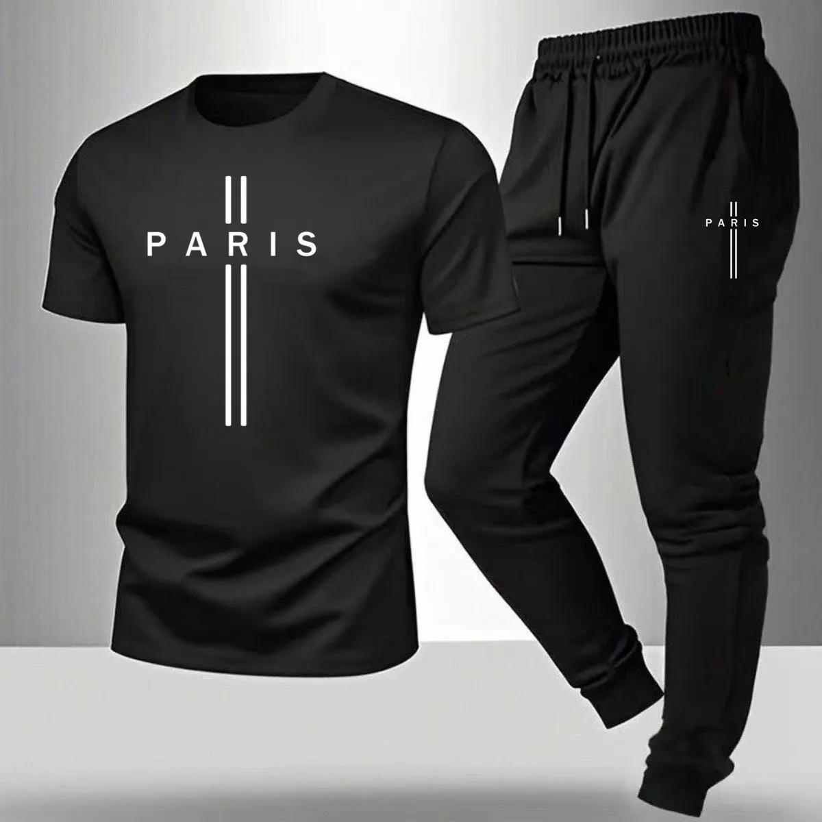 Ensemble t-shirt à manches courtes et pantalon décontracté d'été pour homme, imprimé Paris, ensemble