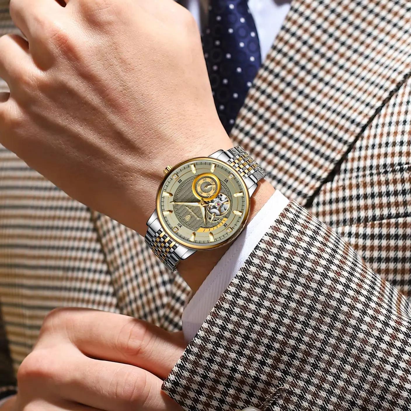 POEDAGAR haut de gamme homme montre-bracelet lumineux creux Tourbillon en acier inoxydable hommes ho