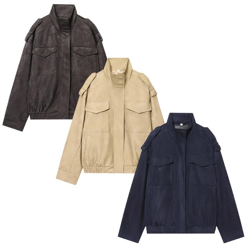 HXAO nouveauté veste en daim vestes pour femmes automne gris foncé kaki Bomber veste Chic fermeture