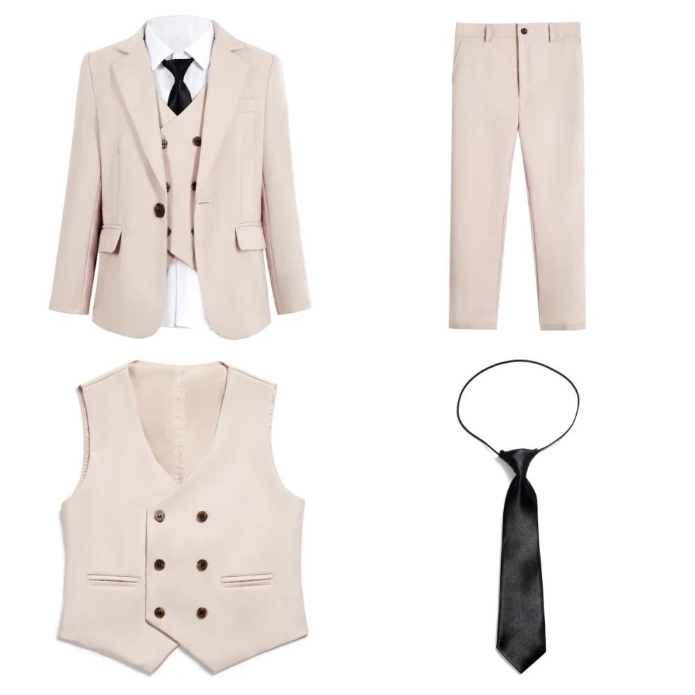 Ensemble de costume formel beige pour garçons, 4 pièces, vêtements de scène, revers cranté, ensemble