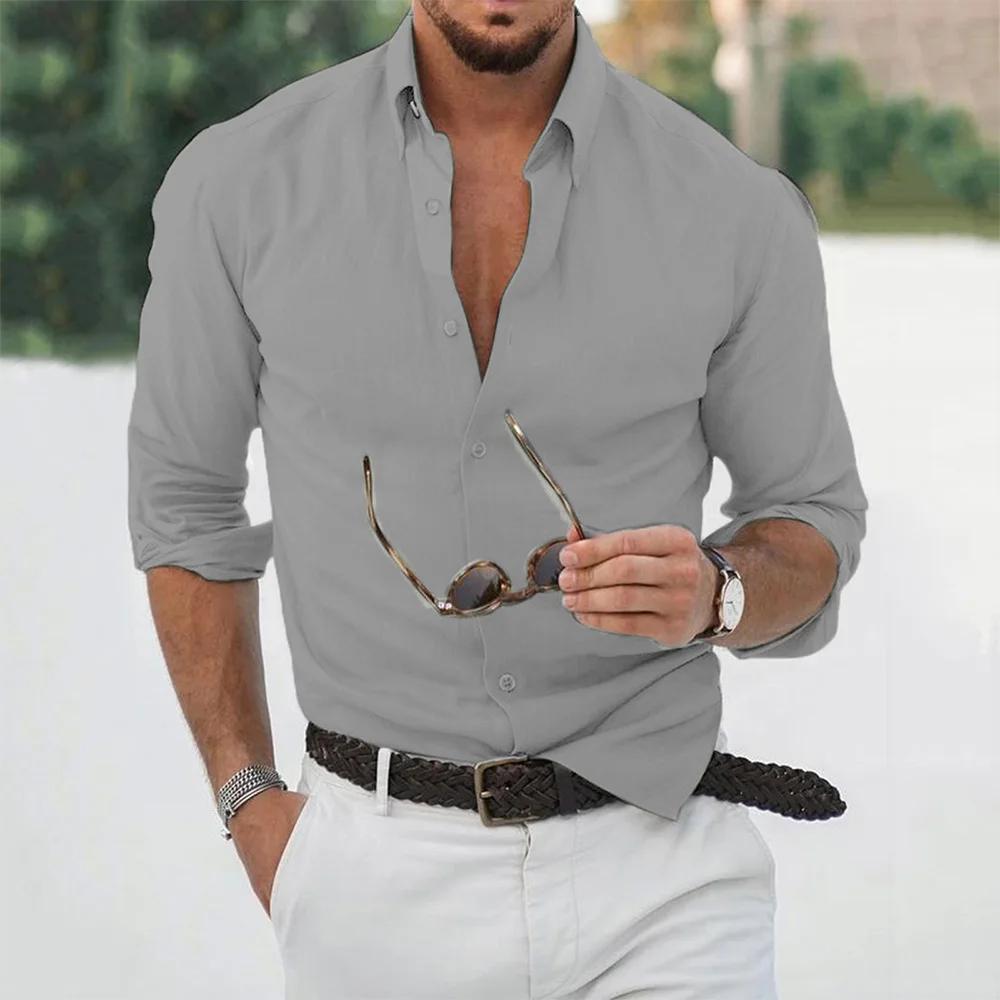 Chemises en coton et lin pour hommes, hauts décontractés, amples, couleur unie, manches longues, rev