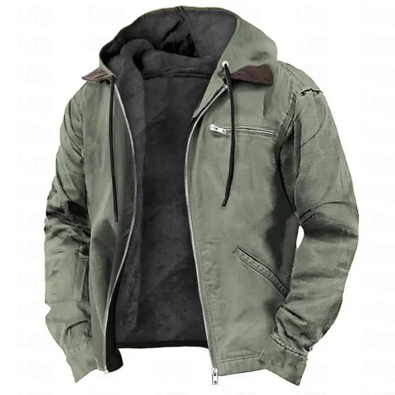 Veste d'hiver en peluche pour homme, style vintage, couleur unie, avec fermeture éclair, capuche, ma