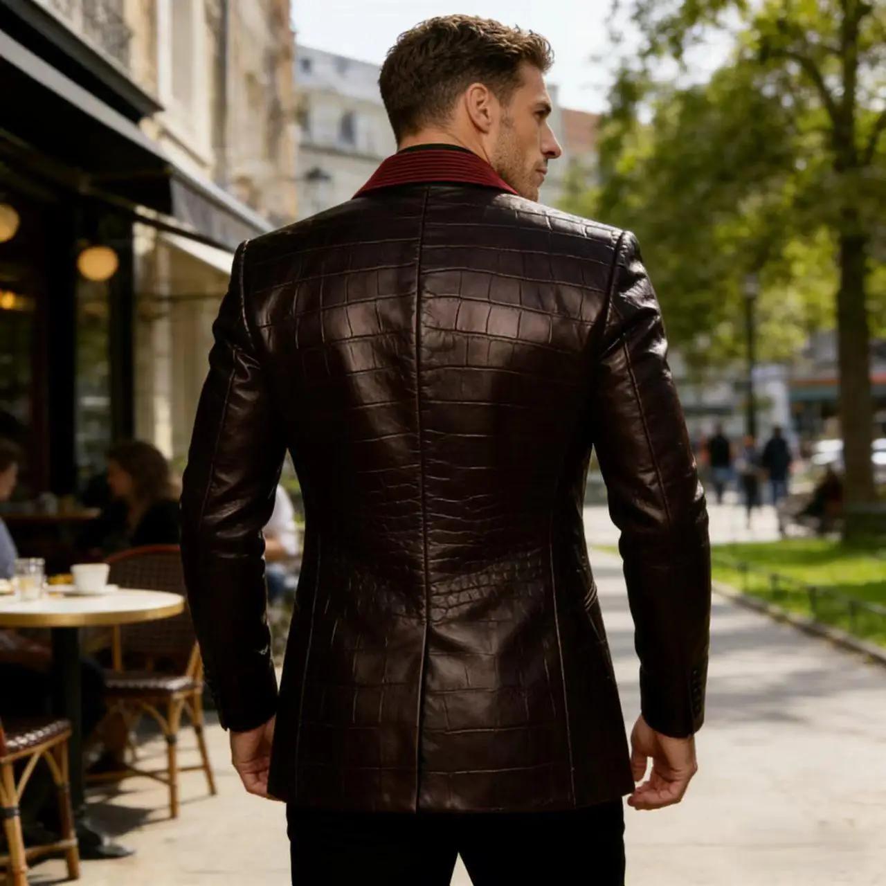 Blazer en cuir à motif crocodile pour homme, patchwork en velours côtelé, 1 bouton, col châle, veste