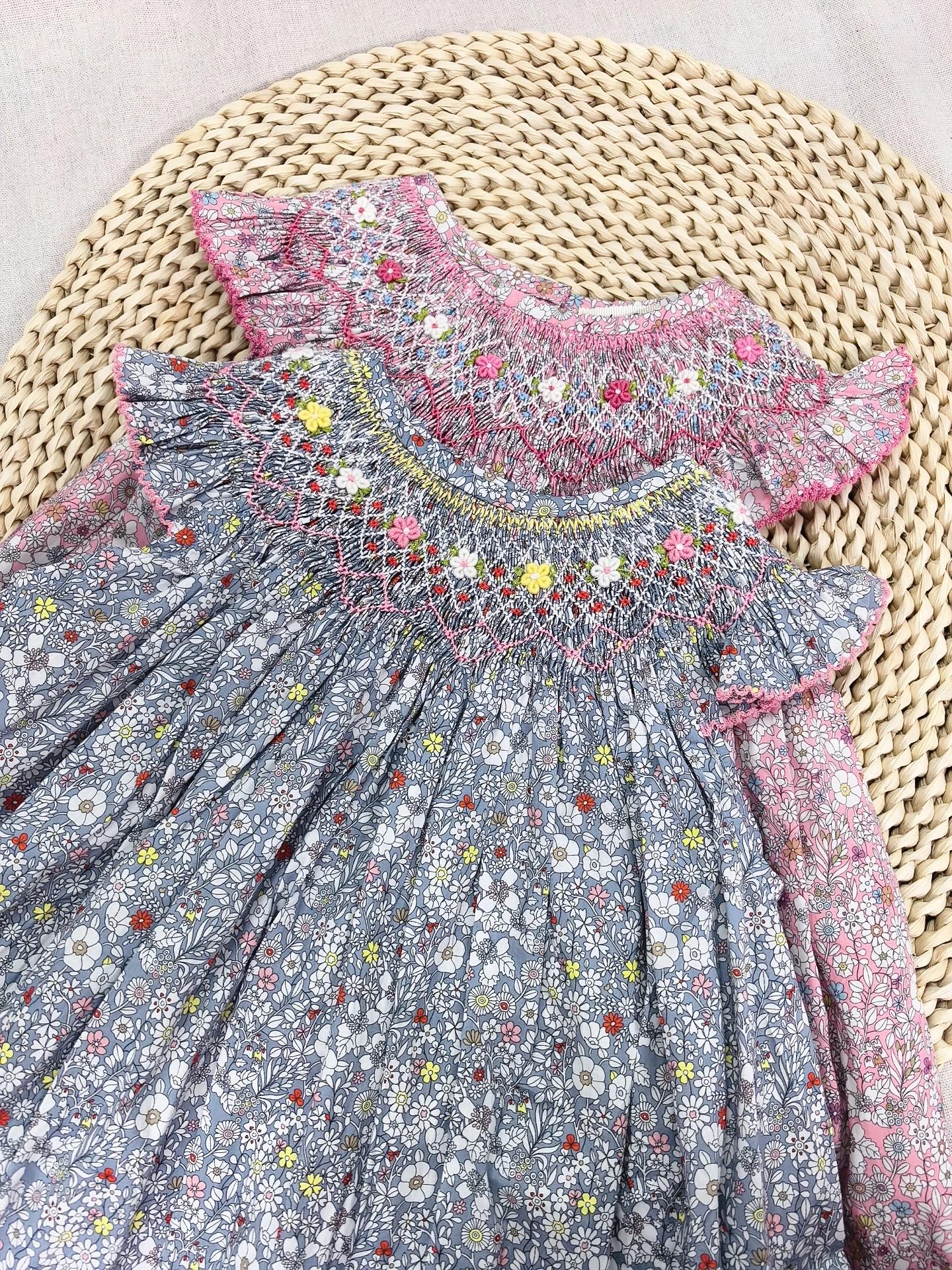 Robe smockée en pur coton pour filles, douce et respirante, brodée à la main, rétro, robe de princes