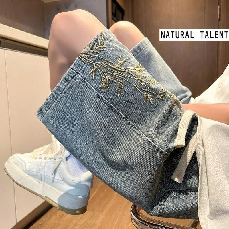 Shorts en jean brodés style chinois rétro délavé pour homme, nouvelle collection été 2026, coupe amp
