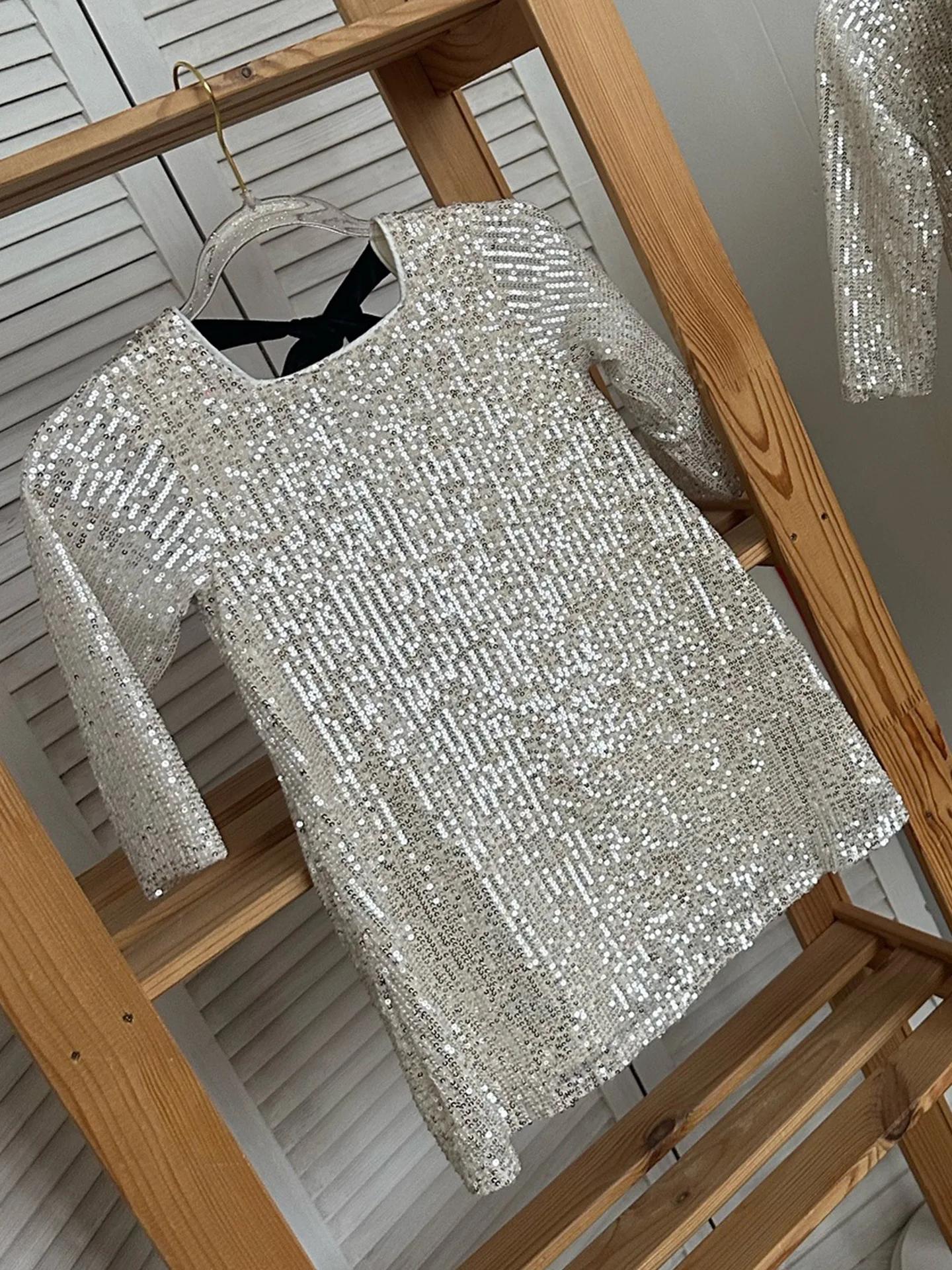 HETISO – robe de soirée élégante à manches longues, paillettes argentées, avec nœud papillon noir, r