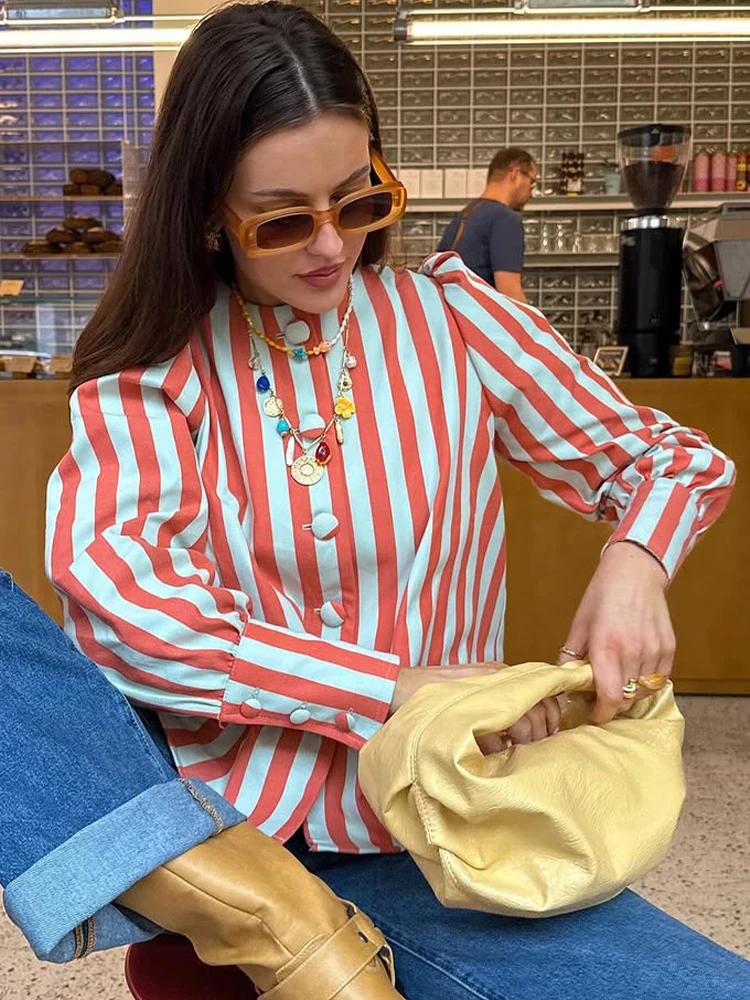 Nouvelle Blouse Chic Femme SLTNX – Chemise Ample à Rayures Imprimées, Col Rond, Manches Bouffantes,