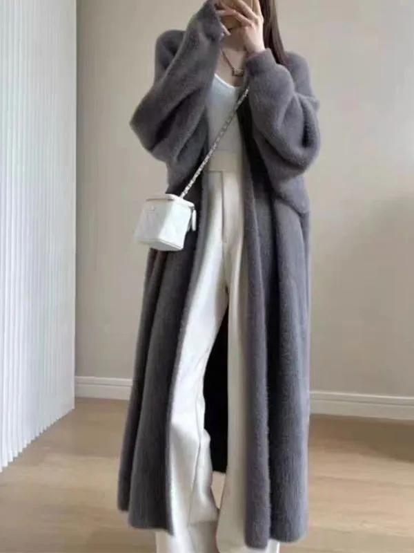 Manteau en tricot ouvert de style ample et paresseux, pull épais à manches longues en fausse fourrur