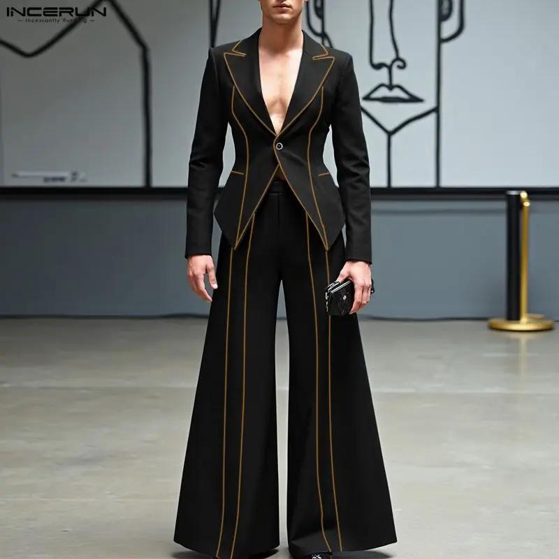 INCERUN hommes ensembles Patchwork élégant à manches longues Blazer et pantalon à jambes larges deux