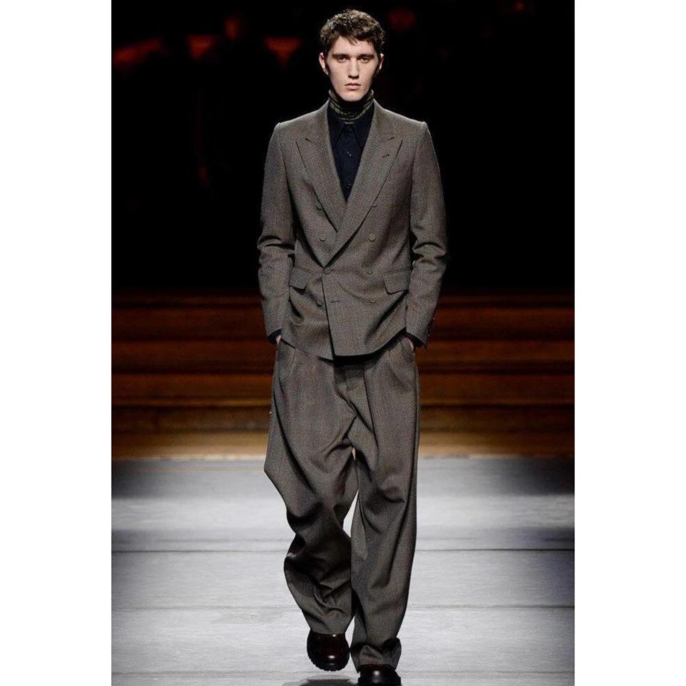 Smoking gris foncé à double boutonnage pour homme, blazer et pantalon, revers Patricia, style décont