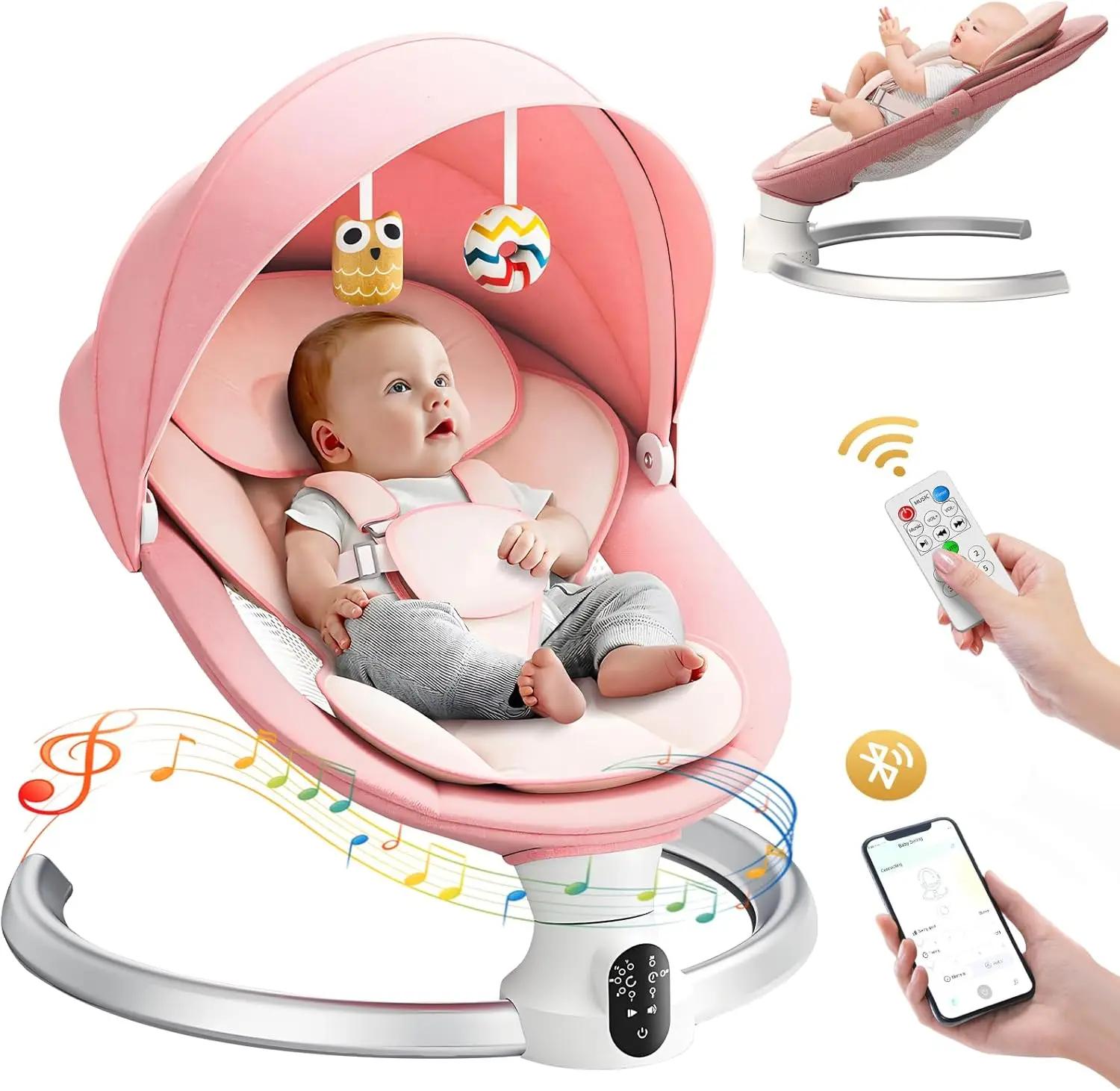 Balançoire électrique bébé avec 3 minuteries, application et télécommande - 5 vitesses, 10 musiques Bluetooth rose