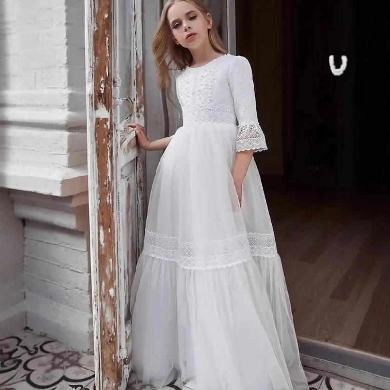 Nouvelle Robe Longue Princesse en Dentelle Blanche 2026 pour Enfants – Tenue Élégante pour Anniversa