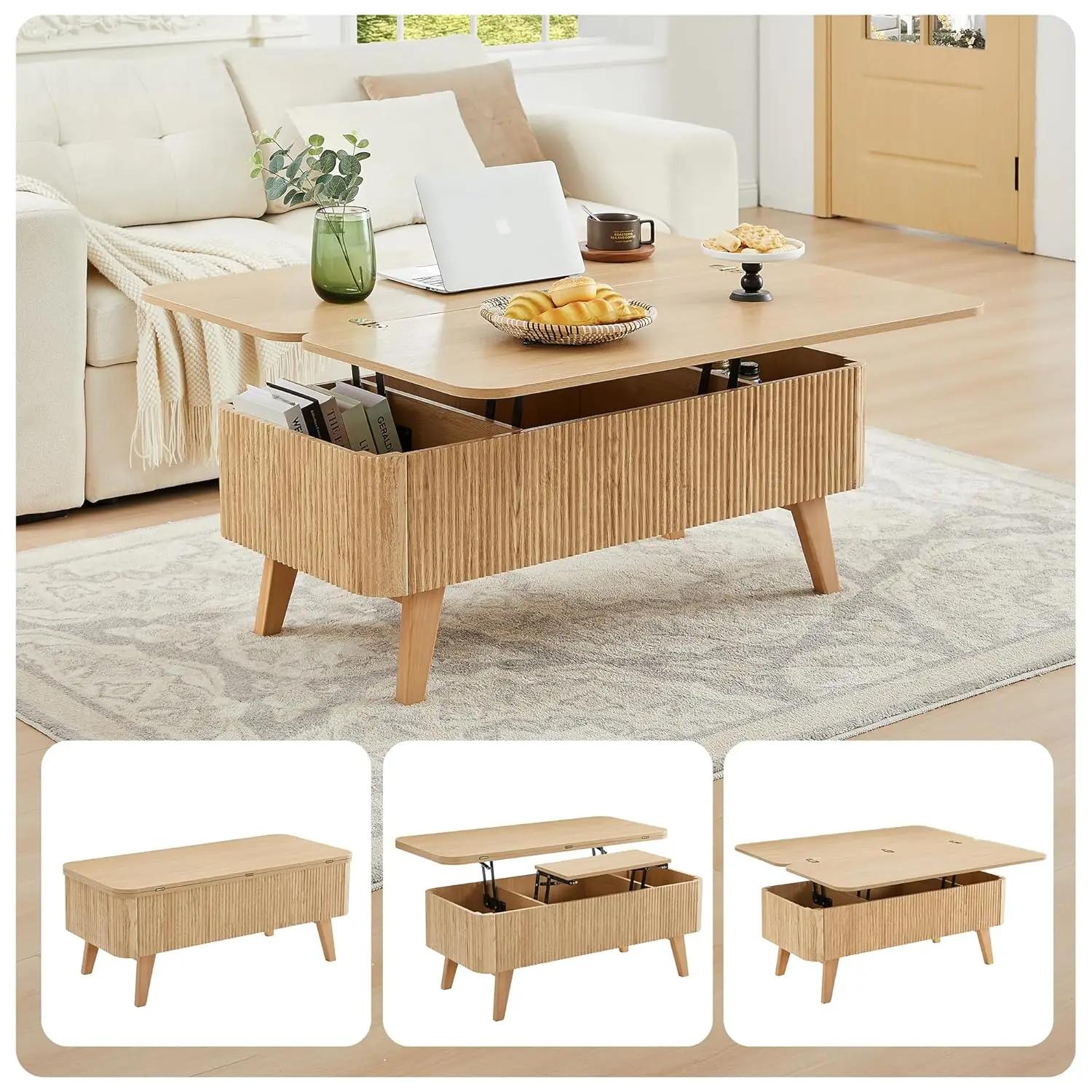Table basse relevable 3-en-1, tables basses convertibles cannelées transformables en tables à manger