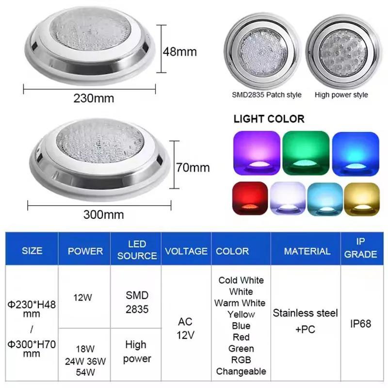 Lampe LED pour piscine, AC12V, en acier inoxydable, IP68, 12W, 18W, 25W, 35W, 54W, télécommande sous