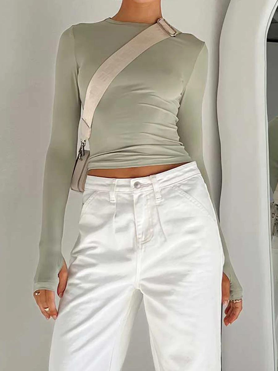 Mode femmes T-shirt à manches longues col rond solide coupe ajustée dames haut court avec trous pour