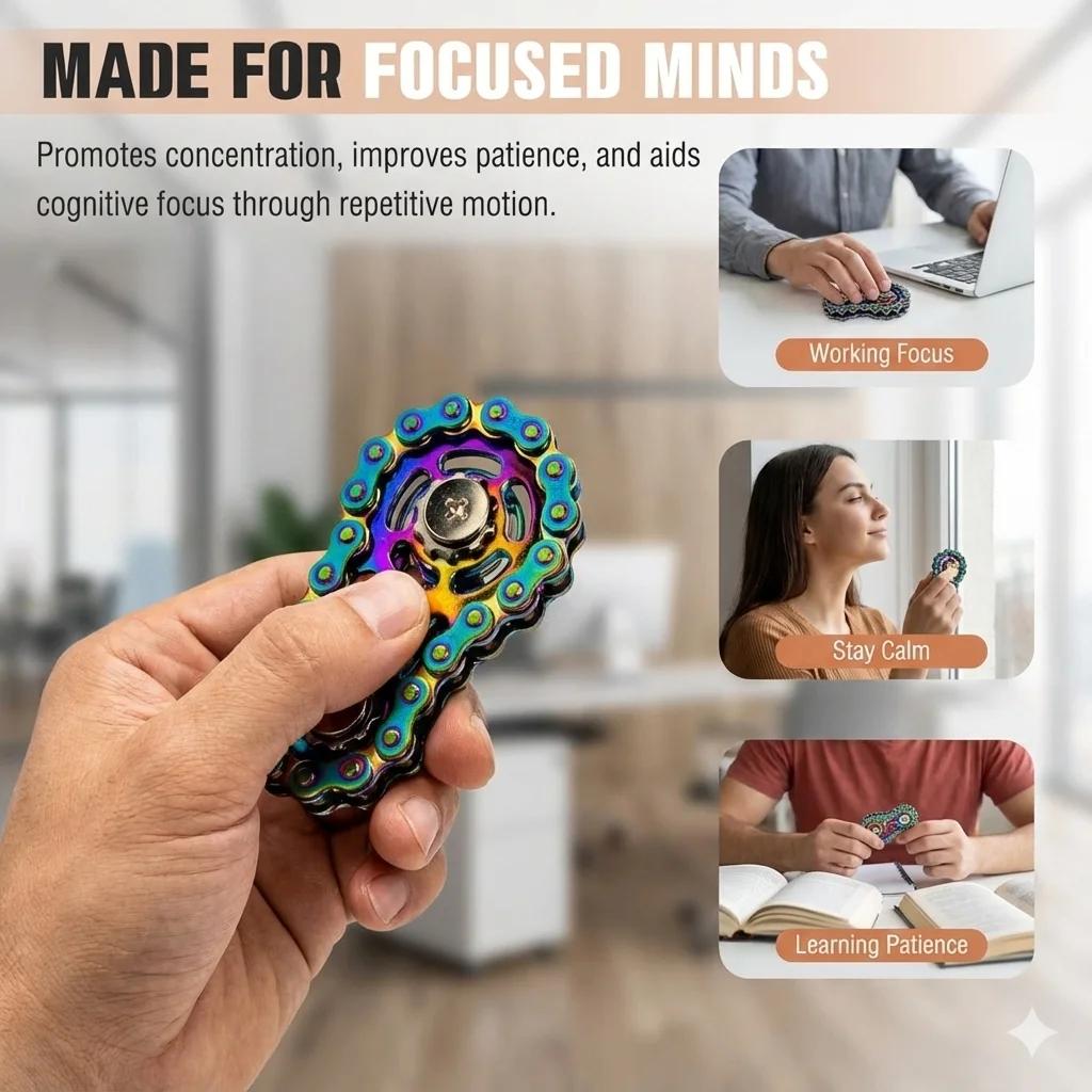 Spinner de doigt de chaîne de vélo, jouet Fidget d'engrenage en acier inoxydable usiné CNC silencieu