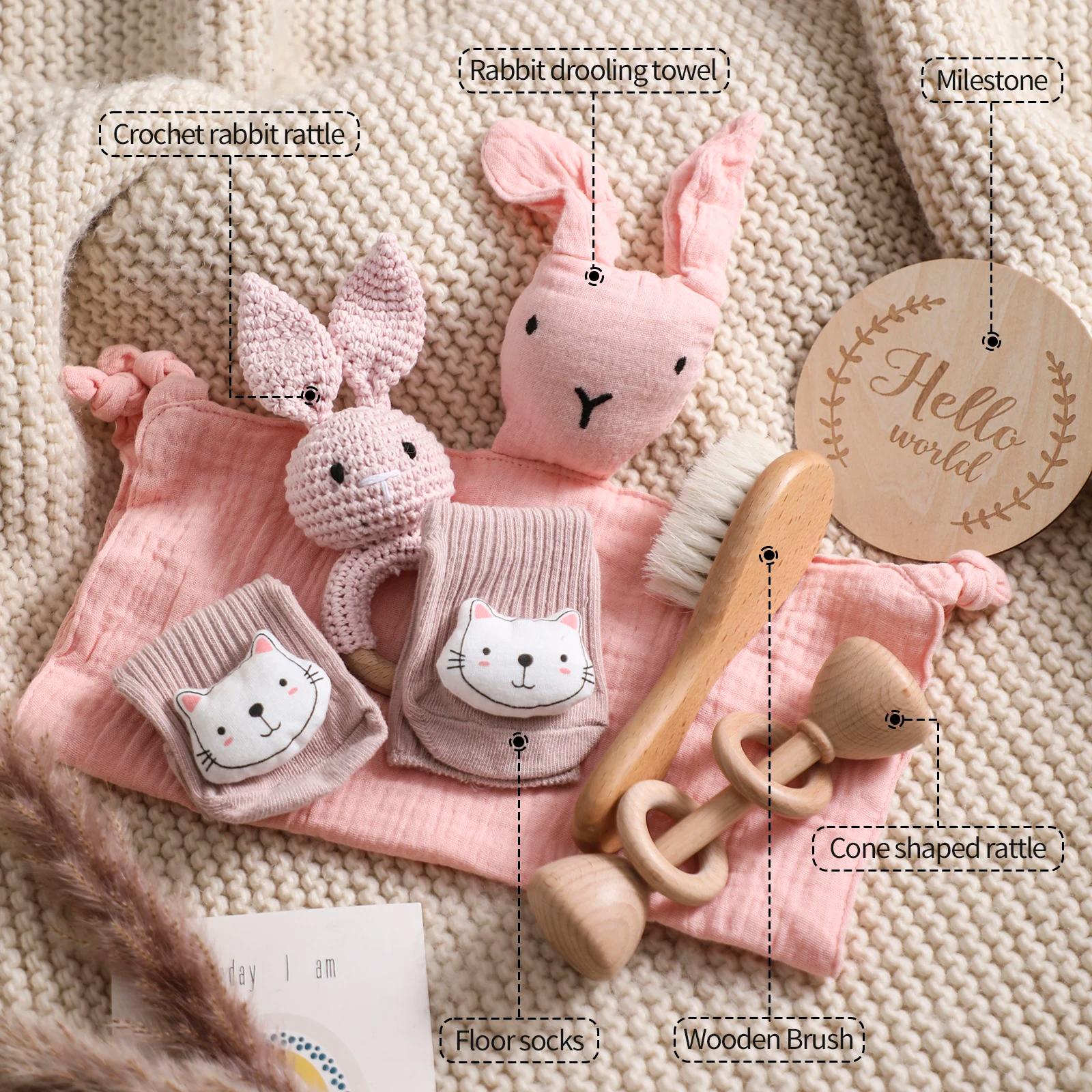 Coffret cadeau naissance 7 pièces : couverture bébé coton double face, accessoires de bain nouveau-né