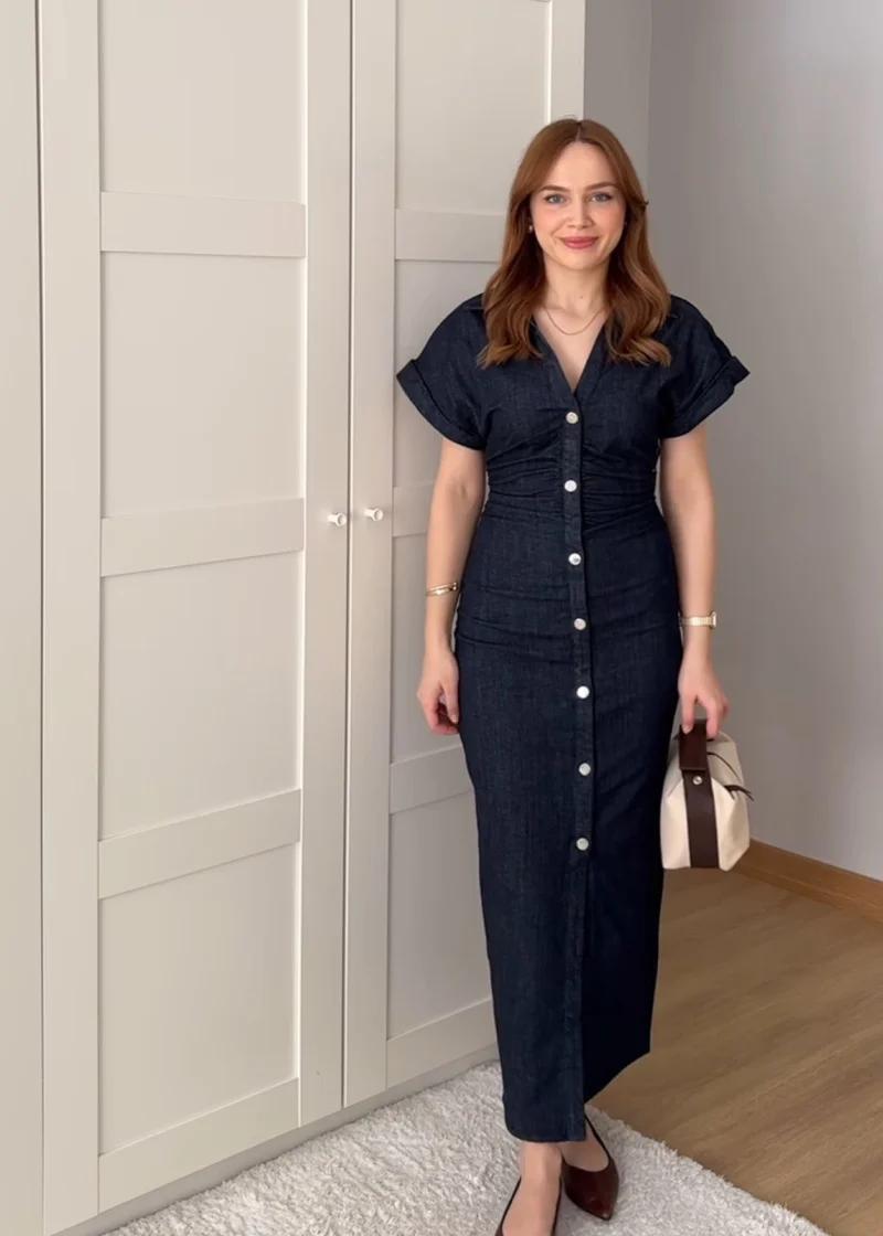 ETJ 2025 printemps nouvelle série 1975 robe MIDI en denim avec revers côté fermeture éclair mode rid