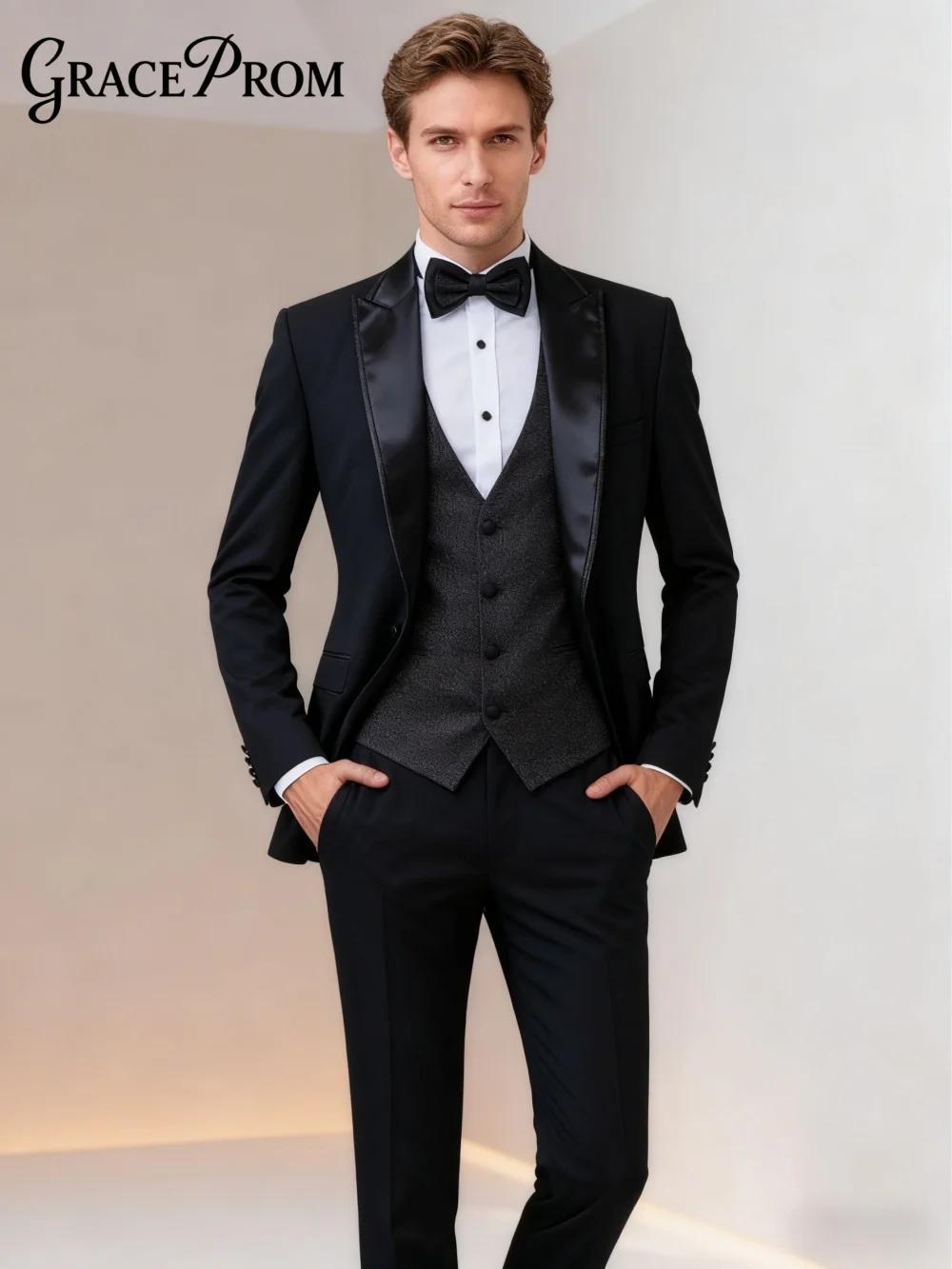 Costume classique pour hommes, 3 pièces, veste, gilet, pantalon, châle gris foncé, ensemble de costu