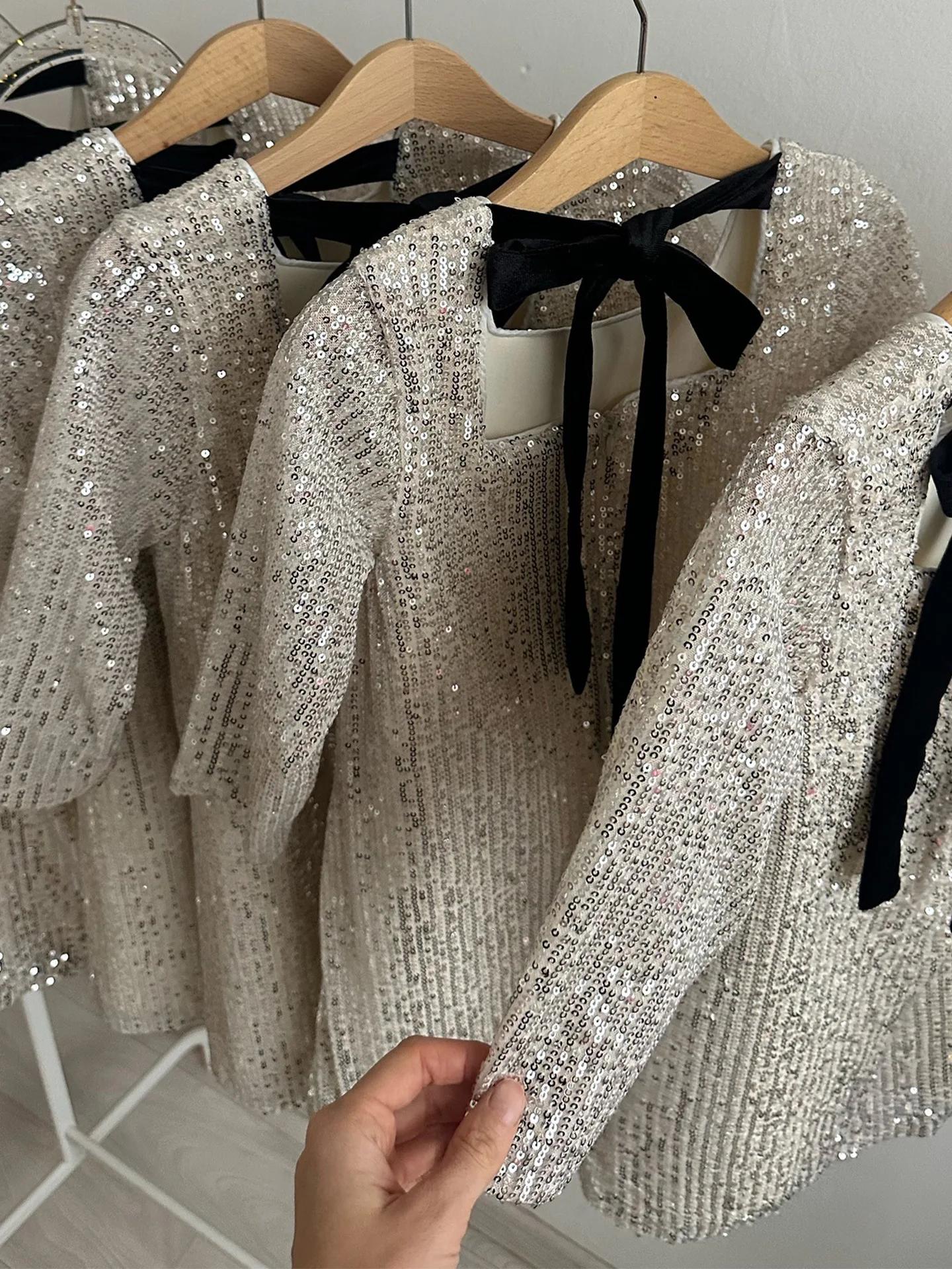 HETISO – robe de soirée élégante à manches longues, paillettes argentées, avec nœud papillon noir, r