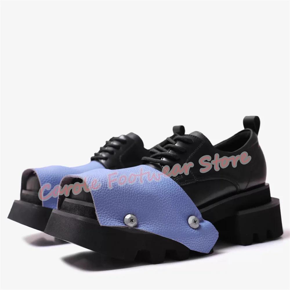 Mode couleur mixte cuir épissage Derby chaussures pour hommes Punk Rivet bout carré talon épais moca