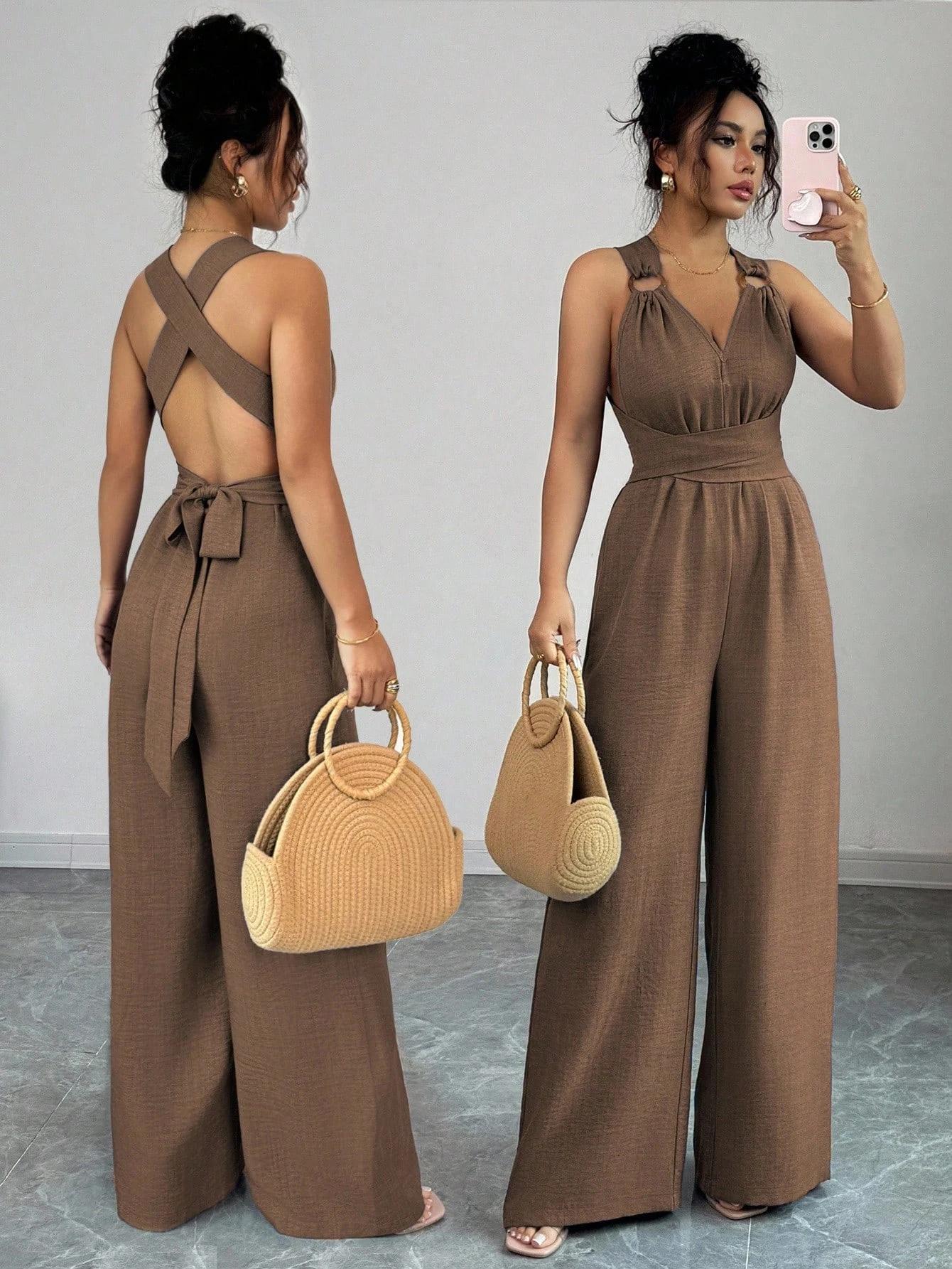 Combinaison femme col en v cravate taille large tenue d'été décontractée Style Madeleine été marron
