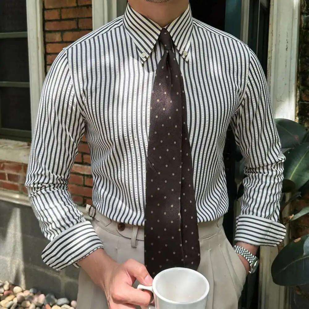 Chemise rayée à manches longues pour hommes, chemise d'affaires décontractée, mince, Seersucker, hau