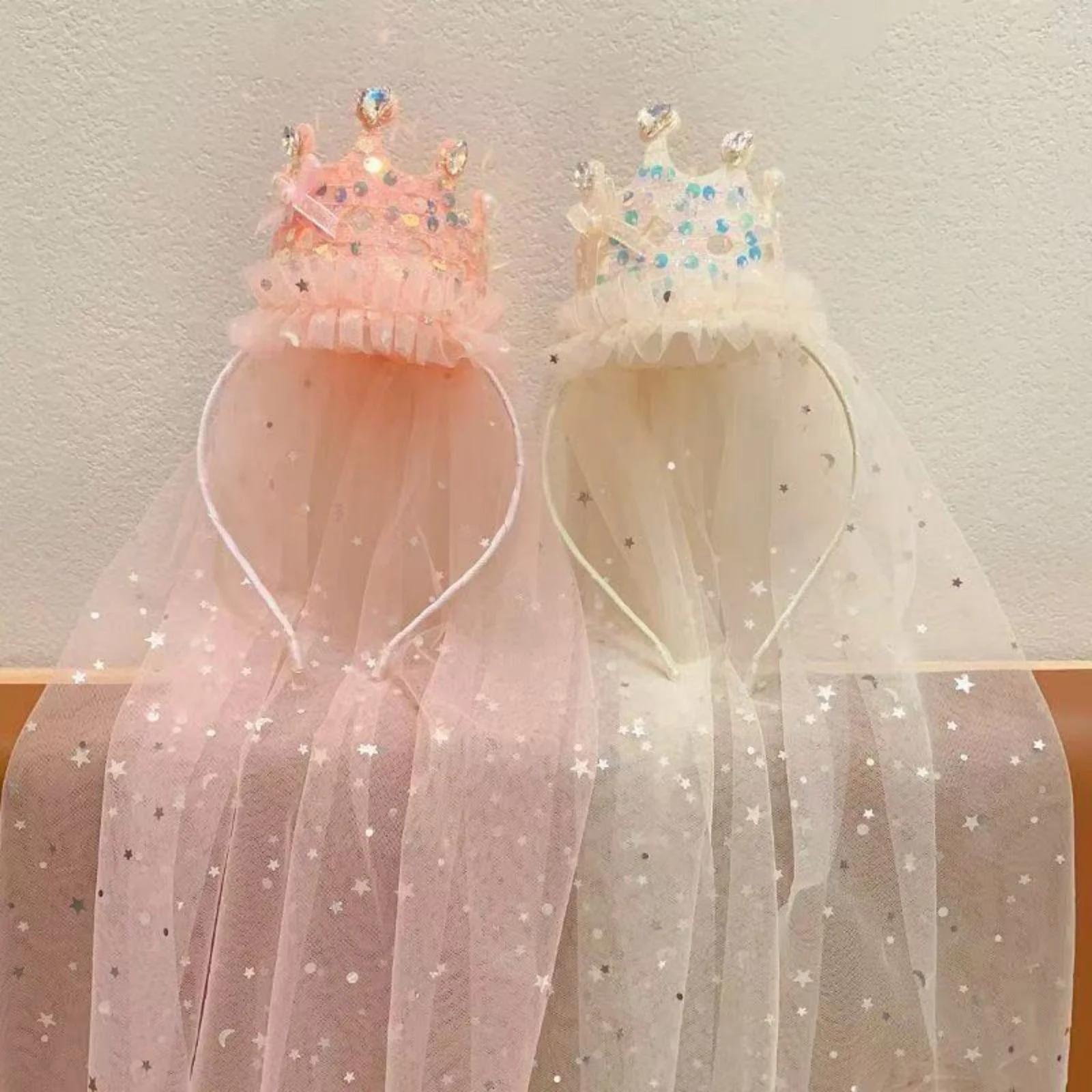 Bandeaux en voile de couronne de princesse, accessoires pour cheveux en Tulle scintillant, couvre-ch