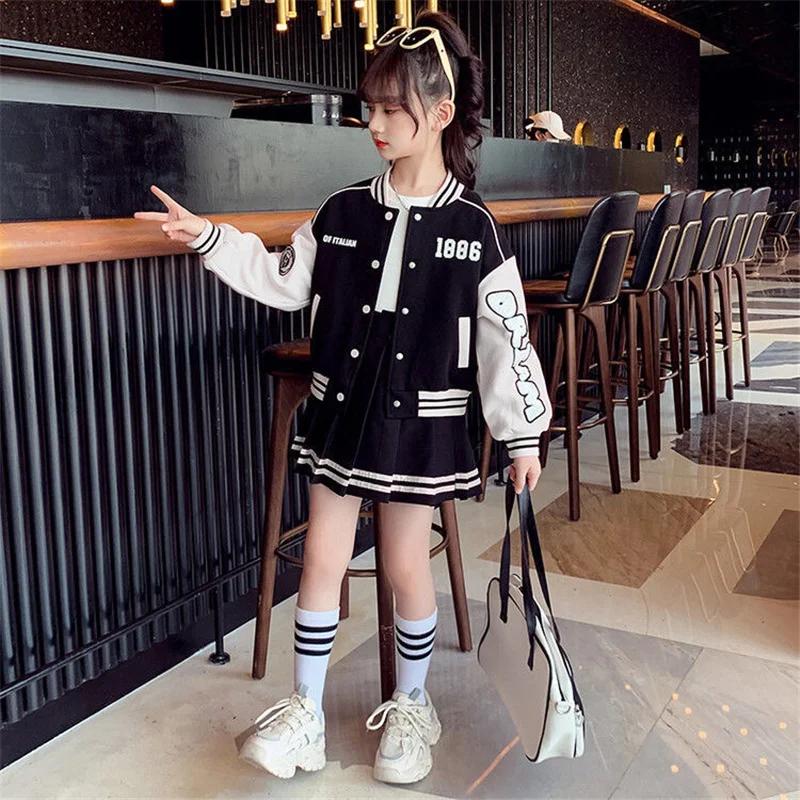 Ensemble vêtements mode filles costume baseball enfants veste jupe plissée tenue uniforme étudiant 2 pièces