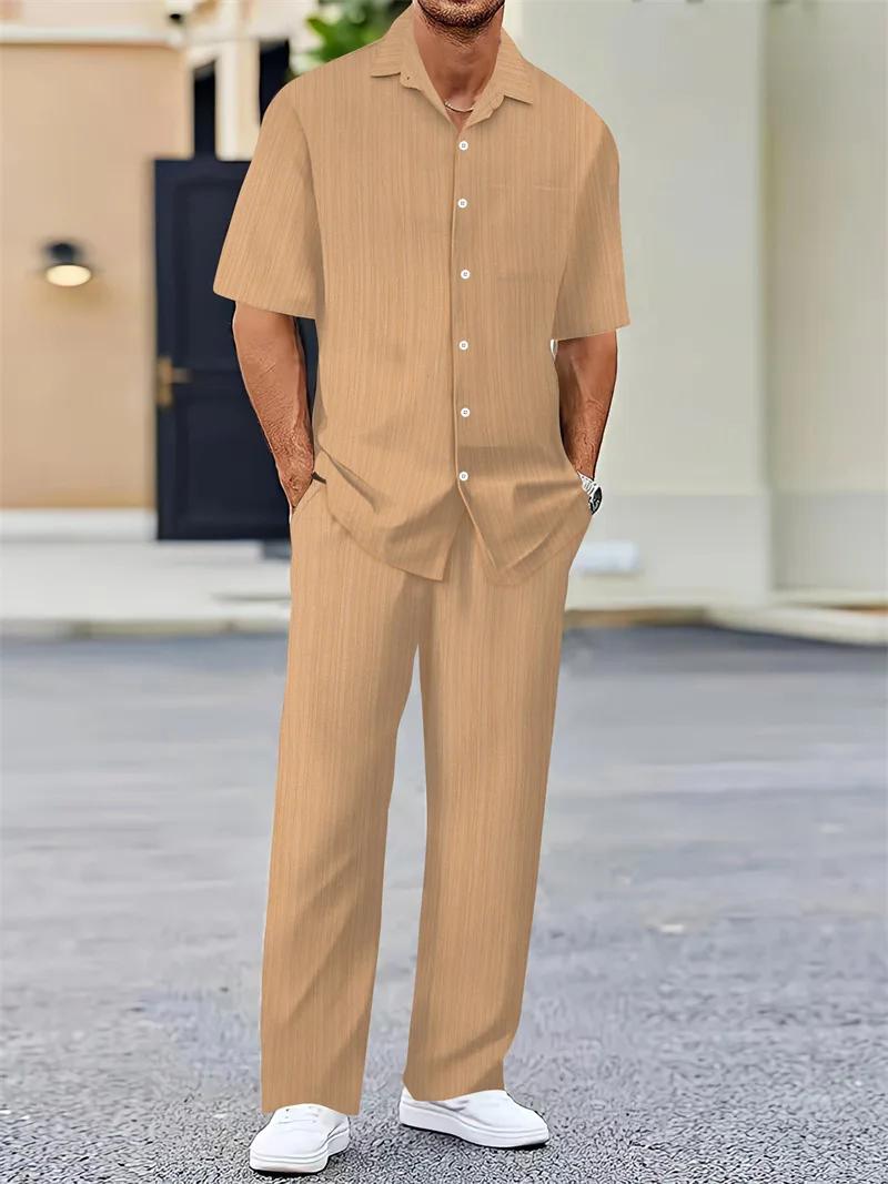 Printemps été hommes ensembles cardigan à manches courtes chemise à revers + pantalon costume hommes