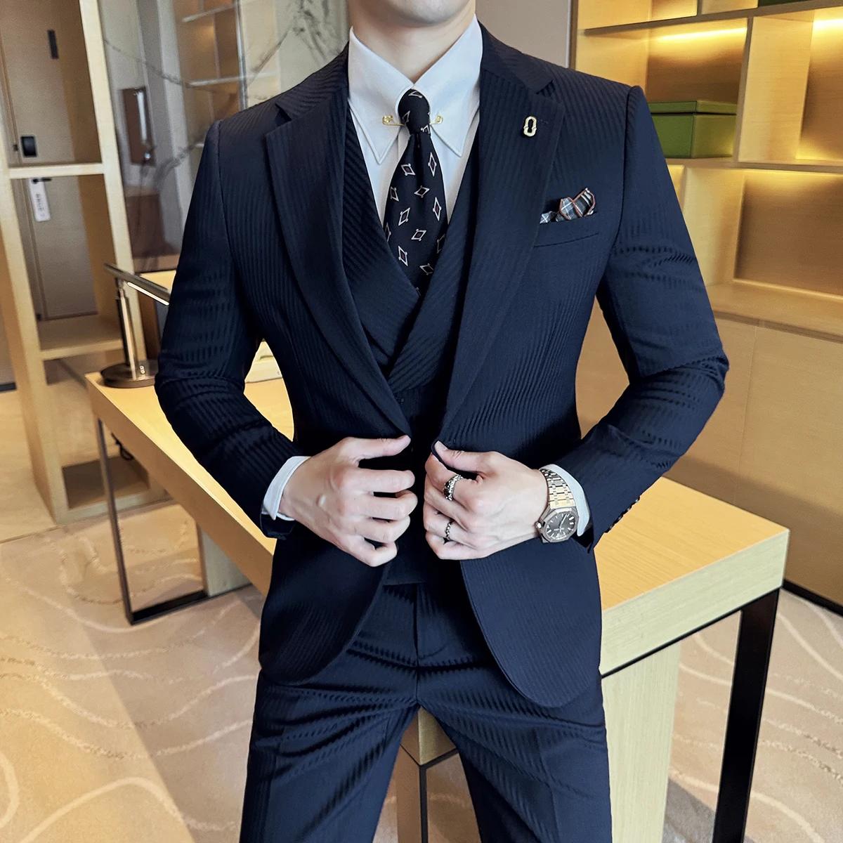 (Vestes + pantalons + gilet) costume de luxe à rayures pour hommes Version coréenne mode élégant cou