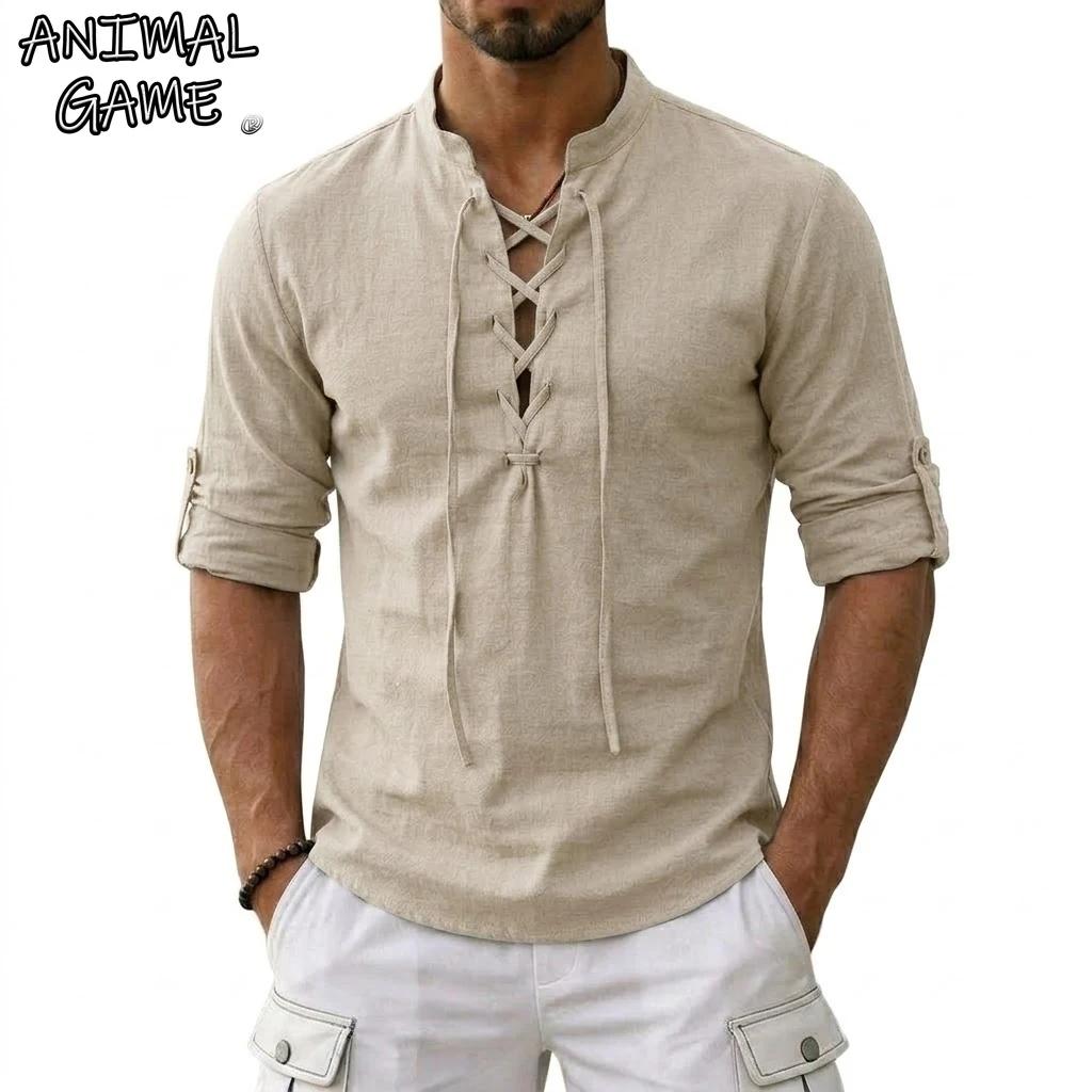 T-shirts en lin à manches longues pour hommes, style médiéval vintage viking, chemises en coton pour