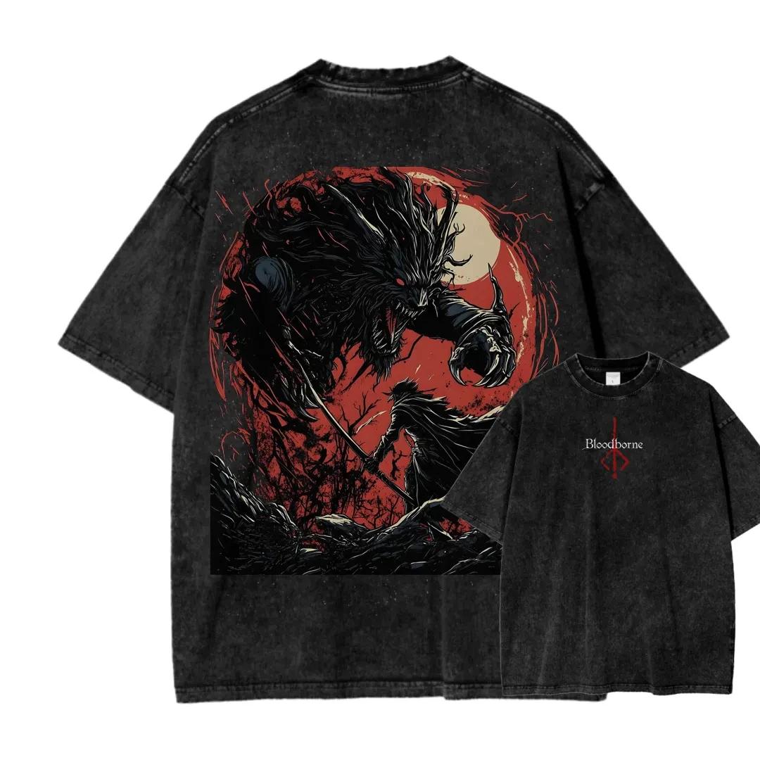 Nouveau T-shirt imprimé Bloodborne, jeu de rôle d'action tendance, style vintage délavé, en coton am